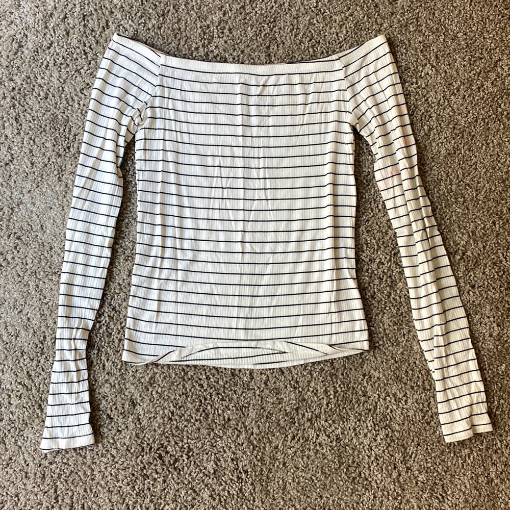 Striped Black and White Ribbed Cotton Shirt Off the Shoulder